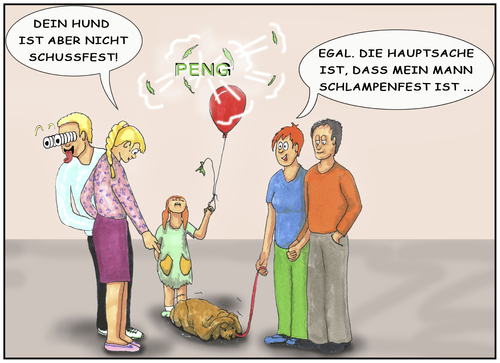 Cartoon: schlampenfest (medium) by SoRei tagged kind,ballon,paare,hund,familie,schussfest,schlampenfest,knall,zerplatzen,zittern,angst,defizit,kritik,bloßstellung,händchenhalten,mann,frau,begegnung,smalltalk,herabsetzung