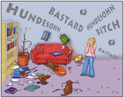 Cartoon: Tatsachenbehauptung (medium) by SoRei tagged zerstörung,zimmerpflanze,kissen,couch,bücher,bücherregal,wohnzimmer,hundesohn,hündin,bitch,mischling,bastard,welpe,welpen,hunde,hund,adressat,ungeeigneter,juristerei,beleidigung,tatbestand,tier,person,wutanfall,fluchen,schimpfworte,beschimpfen,beleidigen