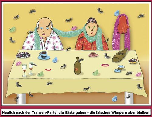 Cartoon: Transenparty (medium) by SoRei tagged der,bademantel,transgender,perücke,kostümierung,wimpern,falsche,morgen,danach,federboa,make,up,frühstück,partymüll,gastgeber