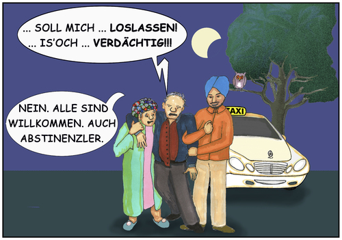 Cartoon: Unter Verdacht (medium) by SoRei tagged hilfe,torkeln,stützen,unterhaken,lockenwickler,bademantel,nachthemd,ehefrau,frau,taxi,nachhause,betrunken,rausch,alkohol,ehemann,mann,baum,nachteule,vollmond,abnehmender,mond,eule,nacht,personenbeförderungserlaubnis,personenbeförderung,fahrerlaubnis,abstinenz,akzeptanz,toleranz,willkommenskultur,vorurteil,berührungsängste,generalverdacht,verdacht,verdächtig,klischee,fremd,turban,taxifahrer,hilfe,torkeln,stützen,unterhaken,lockenwickler,bademantel,nachthemd,ehefrau,frau,taxi,nachhause,betrunken,rausch,alkohol,ehemann,mann,baum,nachteule,vollmond,abnehmender,mond,eule,nacht,personenbeförderungserlaubnis,personenbeförderung,fahrerlaubnis,abstinenz,akzeptanz,toleranz,willkommenskultur,vorurteil,berührungsängste,generalverdacht,verdacht,verdächtig,klischee,fremd,turban,taxifahrer