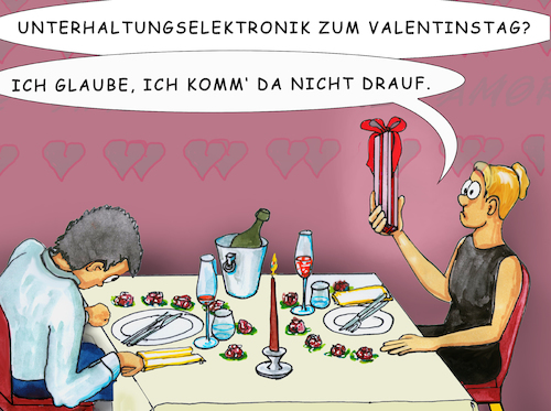 Cartoon: Valentinstag (medium) by SoRei tagged valentin,valentinstag,blumen,geschenke,romantik,paar,liebespaar,rosa,kitsch,essen,gehen,ausgehen,verabredung,daten,florist,verehrung,ritual,unterhaltung,kerzenschein,dinner,umgarnen,umwerben,feiern,liebe,erotik,liebesspiel,lust,frust,unterhaltungselektronik,spielzeug,sexspielzeug,sextoy,sextoys,vibrator,dildo,valentin,valentinstag,blumen,geschenke,romantik,paar,liebespaar,rosa,kitsch,essen,gehen,ausgehen,verabredung,daten,florist,verehrung,ritual,unterhaltung,kerzenschein,dinner,umgarnen,umwerben,feiern,liebe,erotik,liebesspiel,lust,frust,unterhaltungselektronik,spielzeug,sexspielzeug,sextoy,sextoys,vibrator,dildo