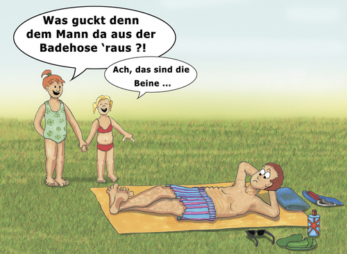 Cartoon: Verunsicherung im Freibad (medium) by SoRei tagged bik,badelatschen,sexismus,angriffslustig,dreist,scherz,spaß,naiv,frechheit,list,scham,nacktheit,blamage,peinlichkeit,austesten,grenzen,verunsichern,erschrecken,badehose,sonnenbrille,handtuch,liegewiese,wiese,bloßstellung,streich,mädchen,kleine,see,freibad