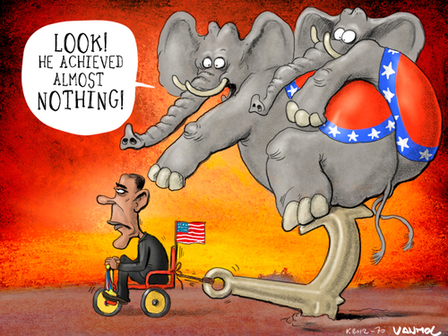 Cartoon: Look! He achieved almost NOTHING (medium) by Vanmol tagged obama,elections,usa,president,america,republicans,democrats,elephant