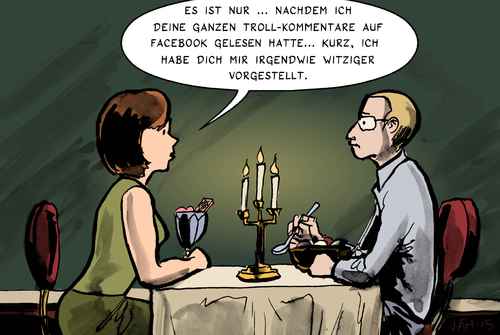 Cartoon: Witziger Farbiger (medium) by Jaehling tagged troll,gamergate,internet,kommentare,forum,restaurant,date,facebook