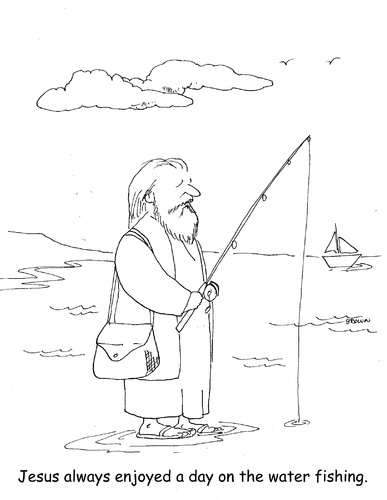 Cartoon: Jesus fishing (medium) by Joebrowntoons tagged hobby,sport,relaxing,relaxation,church,pastor,pastorpete,fish,bible,biblecartoon,jesuscartoon,jesus,fishingcartoon