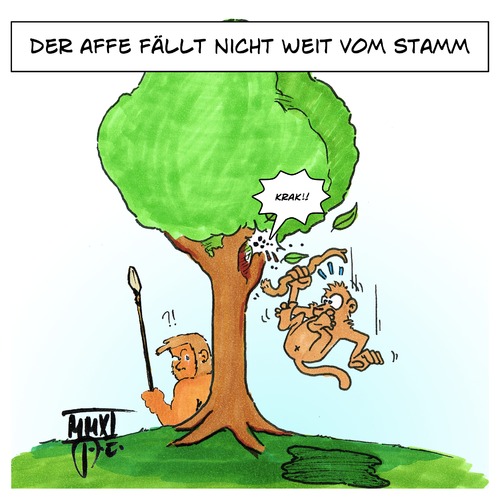 Cartoon: Affe fällt nicht weit vom Stamm (medium) by Timo Essner tagged affe,apfel,stamm,baum,sprichwörter,steinzeitmensch,affe,apfel,stamm,baum,sprichwörter,steinzeitmensch