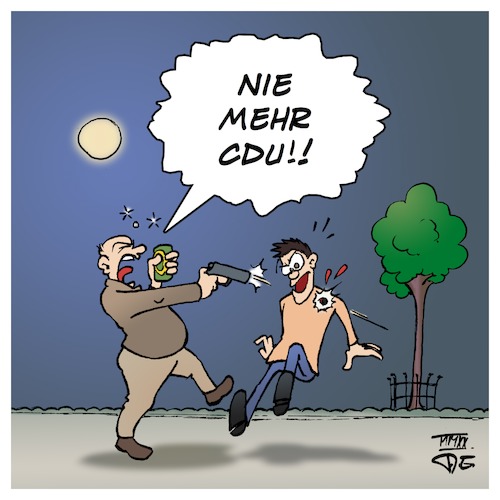 Cartoon: Bähner NieMehrCDU (medium) by Timo Essner tagged bähner,baehner,köln,schusswaffe,angriff,ruhestörung,lärmbelästigung,alkohol,waffenmissbrauch,waffengesetz,niemehrcdu,cartoon,timo,essner,bähner,baehner,köln,schusswaffe,angriff,ruhestörung,lärmbelästigung,alkohol,waffenmissbrauch,waffengesetz,niemehrcdu,cartoon,timo,essner