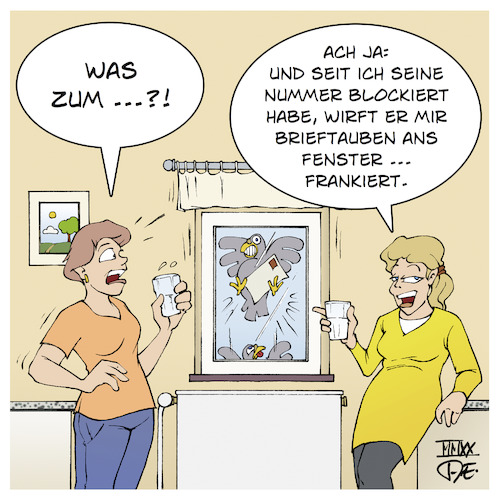 Cartoon: Brieftauben (medium) by Timo Essner tagged mann,frau,geschlechter,liebe,beziehung,partnerschaft,streit,telefonnummer,sperren,nummer,kontakt,gesperrt,fenster,briefe,tauben,brieftauben,cartoon,timo,essner,mann,frau,geschlechter,liebe,beziehung,partnerschaft,streit,telefonnummer,sperren,nummer,kontakt,gesperrt,fenster,briefe,tauben,brieftauben,cartoon,timo,essner