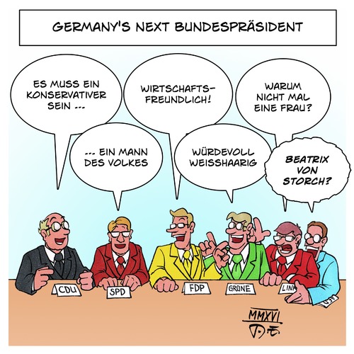 Cartoon: Bundespräsident Deutschland (medium) by Timo Essner tagged gauck,bundespräsident,deutschland,suche,parteien,cdu,csu,spd,grüne,fdp,linke,afd,cartoon,timo,essner,gauck,bundespräsident,deutschland,suche,parteien,cdu,csu,spd,grüne,fdp,linke,afd,cartoon,timo,essner