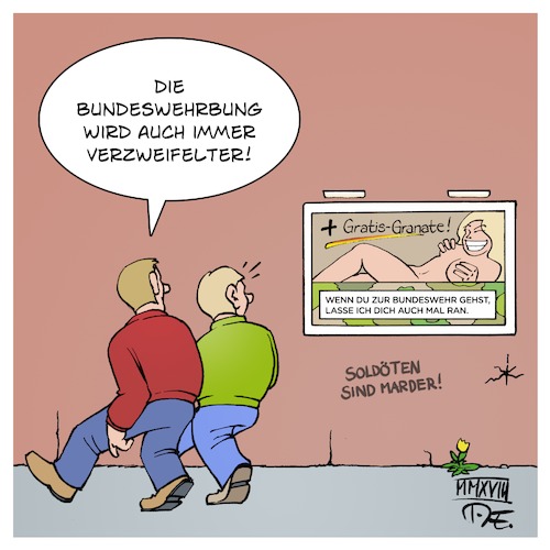 Cartoon: Bundeswehrbung (medium) by Timo Essner tagged bundeswehr,nachwuchs,werbung,marketing,bundeswehrbung,soldaten,rekruten,schulen,jobbörse,cartoon,timo,essner,bundeswehr,nachwuchs,werbung,marketing,bundeswehrbung,soldaten,rekruten,schulen,jobbörse,cartoon,timo,essner