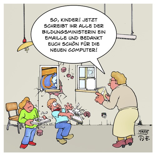 Cartoon: Computer in Schulen (medium) by Timo Essner tagged computer,laptops,schulen,investition,bildungspolitik,bildungsministerium,sanierung,sanierungsbedarf,cartoon,timo,essner,computer,laptops,schulen,investition,bildungspolitik,bildungsministerium,sanierung,sanierungsbedarf,cartoon,timo,essner