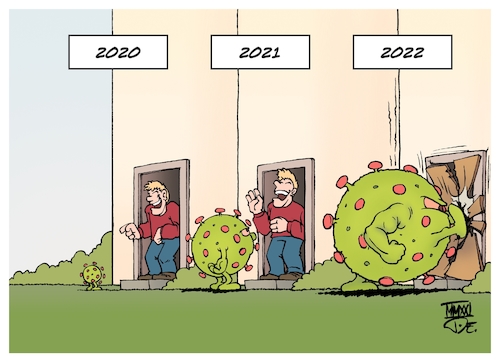 Cartoon: COVID Evolution (medium) by Timo Essner tagged covid19,corona,sars,cov2,2019,2020,2021,2022,gesellschaft,verhalten,konsum,social,distancing,physical,maßnahmen,coronamaßnahmen,hygienemaßnahmen,schutzmasken,fpp2,masken,delta,variante,mutanten,virus,pandemie,society,behaviour,consumption,protection,mask,masks,variant,mutant,pandemic,cartoon,timo,essner,covid19,corona,sars,cov2,2019,2020,2021,2022,gesellschaft,verhalten,konsum,social,distancing,physical,maßnahmen,coronamaßnahmen,hygienemaßnahmen,schutzmasken,fpp2,masken,delta,variante,mutanten,virus,pandemie,society,behaviour,consumption,protection,mask,masks,variant,mutant,pandemic,cartoon,timo,essner