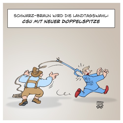 Cartoon: CSU Doppelspitze (medium) by Timo Essner tagged csu,doppelspitze,horst,seehofer,markus,söder,machtkampf,landtagswahl,2018,wahlkampf,afd,wähler,wählerverluste,bayern,cartoon,timo,essner,csu,doppelspitze,horst,seehofer,markus,söder,machtkampf,landtagswahl,2018,wahlkampf,afd,wähler,wählerverluste,bayern,cartoon,timo,essner