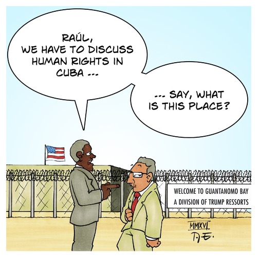 Cartoon: Cuba Human Rights (medium) by Timo Essner tagged democracy,terrorists,bay,guantanamo,rights,human,speech,historic,visit,usa,cuba,castro,raul,obama,barack,barrack,obama,raul,castro,cuba,usa,visit,historic,speech,human,rights,guantanamo,bay,terrorists,democracy