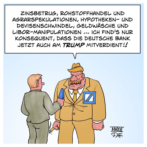 Cartoon: Deutsche Bank Donald Trump (medium) by Timo Essner tagged deutsche,bank,donald,trump,deutschland,usa,wahlkampf,präsidentschaftskandidat,spenden,wahlkampfspenden,cartoon,timo,essner,deutsche,bank,donald,trump,deutschland,usa,wahlkampf,präsidentschaftskandidat,spenden,wahlkampfspenden,cartoon,timo,essner