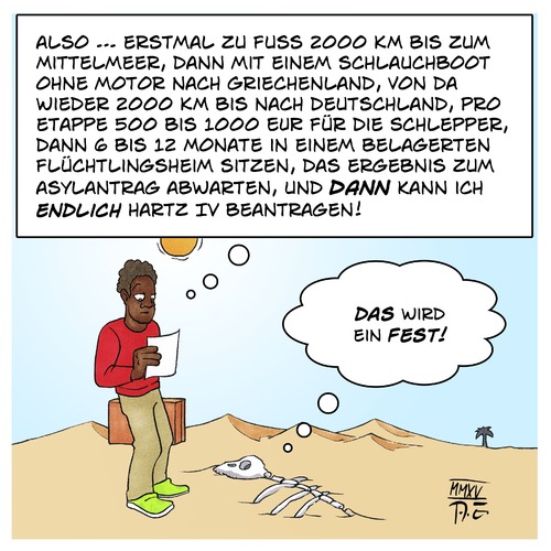 Cartoon: Fluchtplan (medium) by Timo Essner tagged flüchtlinge,asylpolitik,asylbewerber,flucht,krieg,armut,hunger,sozialsystem,menschenrechte,afrika,europa,deutschland,flüchtlinge,asylpolitik,asylbewerber,flucht,krieg,armut,hunger,sozialsystem,menschenrechte,afrika,europa,deutschland