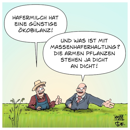 Cartoon: Haferhaltung (medium) by Timo Essner tagged hafermilch,hafer,vegane,ernährung,alternative,lebensmittel,massentierhaltung,landwirtschaft,agrarprodukte,ökobilanz,ökologischer,fußabdruck,co2,emissionen,flächenverbrauch,wasserverbrauch,wasserbilanz,regionale,erzeugung,gesellschaft,konsum,cartoon,timo,essner,hafermilch,hafer,vegane,ernährung,alternative,lebensmittel,massentierhaltung,landwirtschaft,agrarprodukte,ökobilanz,ökologischer,fußabdruck,co2,emissionen,flächenverbrauch,wasserverbrauch,wasserbilanz,regionale,erzeugung,gesellschaft,konsum,cartoon,timo,essner