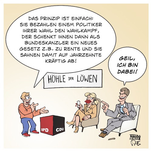 Cartoon: Höhle der Löwen (medium) by Timo Essner tagged spd,gerhard,schröder,carsten,maschmeyer,walter,riester,rürup,rente,altersvorsorge,riesterrente,privatisierung,cartoon,timo,essner,spd,gerhard,schröder,carsten,maschmeyer,walter,riester,rürup,rente,altersvorsorge,riesterrente,privatisierung,cartoon,timo,essner