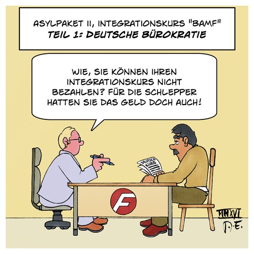 Cartoon: Integrationskurs BAMF (medium) by Timo Essner tagged integrationskurs,bamf,bundesagentur,für,migration,und,flüchtlinge,asylpaket,ii,asylpakt,bürokratie,cartoon,timo,essner,integrationskurs,bamf,bundesagentur,für,migration,und,flüchtlinge,asylpaket,ii,asylpakt,bürokratie,cartoon,timo,essner