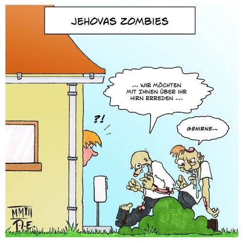 Cartoon: Jehovas Zombies (medium) by Timo Essner tagged jehova,zeugen,zombies,religion,hausieren,sekte
