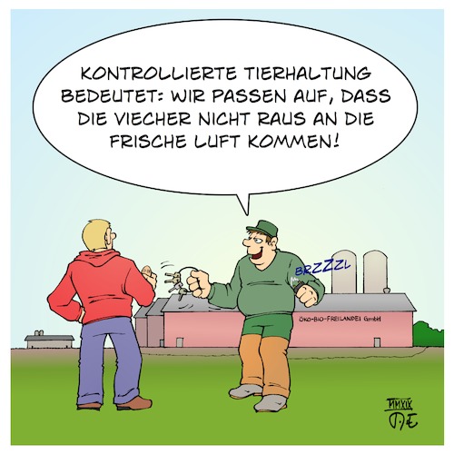 Cartoon: Kontrollierte Tierhaltung (medium) by Timo Essner tagged kontrollierte,tierhaltung,eier,geflügel,hühner,puten,schweine,rinder,milchkühe,viehwirtschaft,viehhaltung,landwirtschaft,freilufthaltung,freilandhaltung,etikettenschwindel,eierstempel,öko,bio,ökologische,artgerechte,haltung,cartoon,timo,essner,kontrollierte,tierhaltung,eier,geflügel,hühner,puten,schweine,rinder,milchkühe,viehwirtschaft,viehhaltung,landwirtschaft,freilufthaltung,freilandhaltung,etikettenschwindel,eierstempel,öko,bio,ökologische,artgerechte,haltung,cartoon,timo,essner