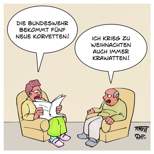 Cartoon: Korvetten für die Bundeswehr (medium) by Timo Essner tagged bundeswehr,bundesmarine,marine,schiffe,schiffsflotte,kriegsflotte,fünf,korvetten,waffen,krieg,cartoon,timo,essner,bundeswehr,bundesmarine,marine,schiffe,schiffsflotte,kriegsflotte,fünf,korvetten,waffen,krieg,cartoon,timo,essner