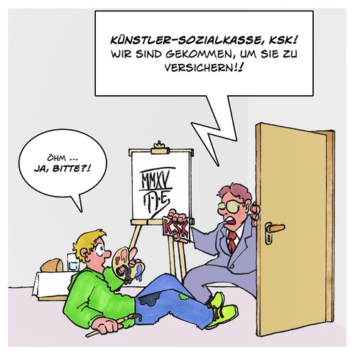 Cartoon: KSK (medium) by Timo Essner tagged ksk,künstlersozialkasse,versicherung,sozialversicherung,krankenversicherung,künstler,publizisten,kommando,spezialkräfte,ksk,künstlersozialkasse,versicherung,sozialversicherung,krankenversicherung,künstler,publizisten,kommando,spezialkräfte