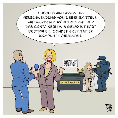 Cartoon: Lebensmittelverschwendung (medium) by Timo Essner tagged nahrungsmittel,lebensmittel,lebensmittelverschwendung,landwirtschaftsministerium,julia,klöckner,supermärkte,container,containern,verbote,verwertung,verwendung,spenden,tafeln,arme,arbeitslose,rentner,zoos,tiere,futter,cartoon,timo,essner,nahrungsmittel,lebensmittel,lebensmittelverschwendung,landwirtschaftsministerium,julia,klöckner,supermärkte,container,containern,verbote,verwertung,verwendung,spenden,tafeln,arme,arbeitslose,rentner,zoos,tiere,futter,cartoon,timo,essner