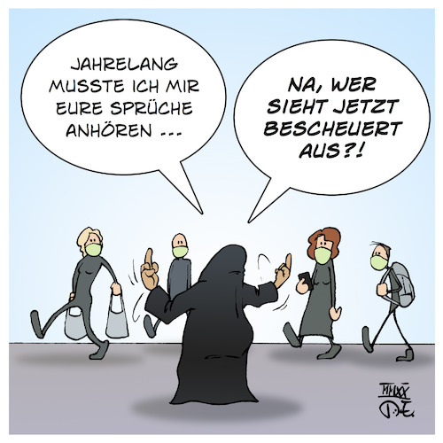 Cartoon: Maskenpflicht (medium) by Timo Essner tagged corona,covid19,virus,pandemie,maskenpflicht,maske,munaschutz,schnutenpulli,muslima,schleier,vollverschleierung,cartoon,timo,essner,corona,covid19,virus,pandemie,maskenpflicht,maske,munaschutz,schnutenpulli,muslima,schleier,vollverschleierung,cartoon,timo,essner