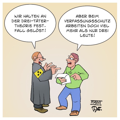 Cartoon: NSU 3 Täter Theorie (medium) by Timo Essner tagged nsu,prozess,münchen,staatsanwaltschaft,verfassungsschutz,killer,mörder,vleute,verdeckte,operationen,strafvereitelung,im,amt,grundgesetz,stgb,cartoon,timo,essner,nsu,prozess,münchen,staatsanwaltschaft,verfassungsschutz,killer,mörder,vleute,verdeckte,operationen,strafvereitelung,im,amt,grundgesetz,stgb,cartoon,timo,essner