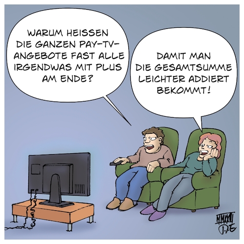 Cartoon: PayTV plus (medium) by Timo Essner tagged fernsehen,paytv,internet,tv,medien,paramountplus,disneyplus,netflix,appletv,abo,abonnement,monatsbeitrag,monatsbeiträge,gesamtsumme,cartoon,timo,essner,fernsehen,paytv,internet,tv,medien,paramountplus,disneyplus,netflix,appletv,abo,abonnement,monatsbeitrag,monatsbeiträge,gesamtsumme,cartoon,timo,essner