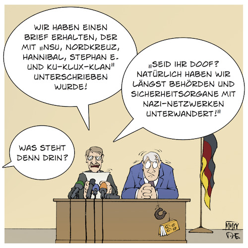 Cartoon: Rechte Netzwerke in Behörden (medium) by Timo Essner tagged rechte,netzwerke,behörden,polizei,bundeswehr,verfassungsschutz,nordkreuz,nsu,hannibal,stephan,hessen,ku,klux,klan,nazis,rechter,terror,gewalt,polizeiproblem,horst,seehofer,innenministerium,bmi,cartoon,timo,essner,rechte,netzwerke,behörden,polizei,bundeswehr,verfassungsschutz,nordkreuz,nsu,hannibal,stephan,hessen,ku,klux,klan,nazis,rechter,terror,gewalt,polizeiproblem,horst,seehofer,innenministerium,bmi,cartoon,timo,essner