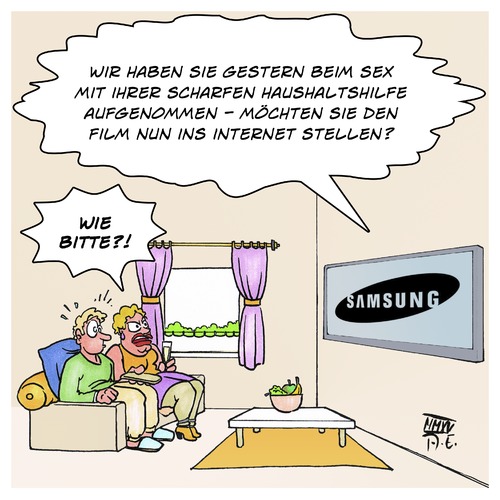 Cartoon: Samsung hört mit (medium) by Timo Essner tagged samsung,ehebruch,datenschutz,privatsphäre,intimsphäre,spionage,technik,samsung,sex,ehebruch,datenschutz,privatsphäre,intimsphäre,spionage,technik