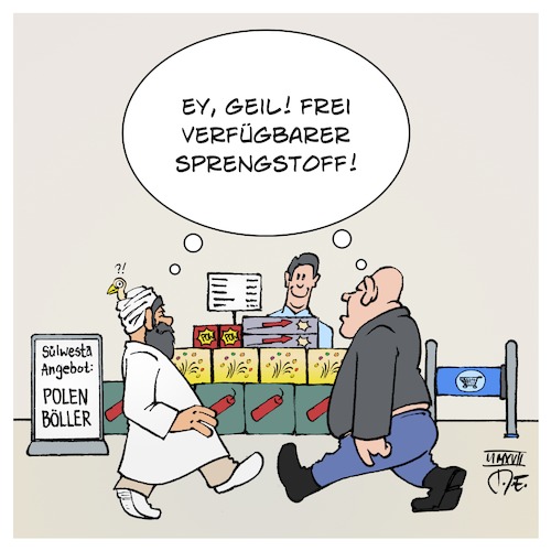 Cartoon: Sprengstoff Silvester (medium) by Timo Essner tagged sprengstoff,silvester,sylvester,sülwesta,islamisten,rechtsradikale,nazis,knaller,polen,böller,bomben,verfügbarkeit,illegales,feuerwerk,sprengkraft,cartoon,timo,essner,sprengstoff,silvester,sylvester,sülwesta,islamisten,rechtsradikale,nazis,knaller,polen,böller,bomben,verfügbarkeit,illegales,feuerwerk,sprengkraft,cartoon,timo,essner