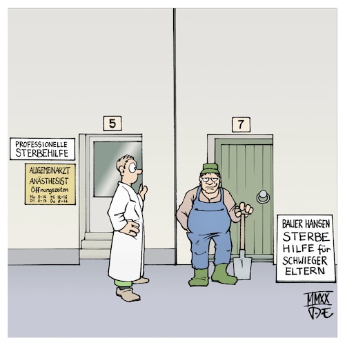 Cartoon: Sterbehilfe (medium) by Timo Essner tagged sterbehilfe,bgh,bverfg,verwaltungsgericht,sterben,tod,selbstbestimmung,recht,auf,leben,angst,schmerzen,schmerzpatienten,unheilbare,krankheit,schwiegereltern,schwiegermütter,spaten,bauer,cartoon,timo,essner,sterbehilfe,bgh,bverfg,verwaltungsgericht,sterben,tod,selbstbestimmung,recht,auf,leben,angst,schmerzen,schmerzpatienten,unheilbare,krankheit,schwiegereltern,schwiegermütter,spaten,bauer,cartoon,timo,essner