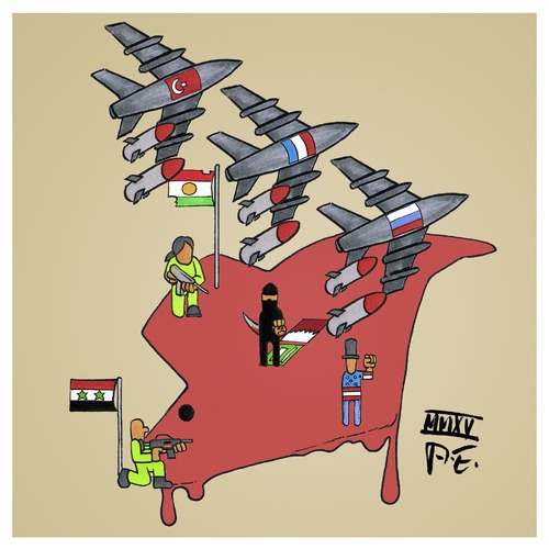 Cartoon: Syria 2015 (medium) by Timo Essner tagged syria,syrien,usa,russland,frankreich,russia,france,is,isil,isis,rebels,rebellen,assad,war,politics,syria,syrien,usa,russland,frankreich,russia,france,is,isil,isis,rebels,rebellen,assad,war,politics