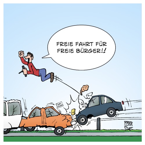 Cartoon: Tempolimit (medium) by Timo Essner tagged tempolimit,höchstgeschwindigkeit,raser,verkehrstote,autobahnen,freie,fahrt,bürger,stau,stauende,bremswege,verkehrssicherheit,verkehr,deutschland,vernunft,cartoon,timo,essner,tempolimit,höchstgeschwindigkeit,raser,verkehrstote,autobahnen,freie,fahrt,bürger,stau,stauende,bremswege,verkehrssicherheit,verkehr,deutschland,vernunft,cartoon,timo,essner