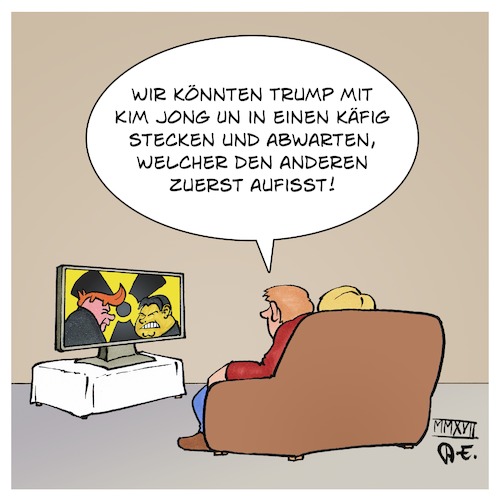 Cartoon: Trump vs Jong Un (medium) by Timo Essner tagged donald,trump,kim,jong,un,usa,nordkorea,korea,südkorea,koreanische,halbinsel,atomwaffen,konflikt,krieg,manöver,cartoon,timo,essner,donald,trump,kim,jong,un,usa,nordkorea,korea,südkorea,koreanische,halbinsel,atomwaffen,konflikt,krieg,manöver,cartoon,timo,essner