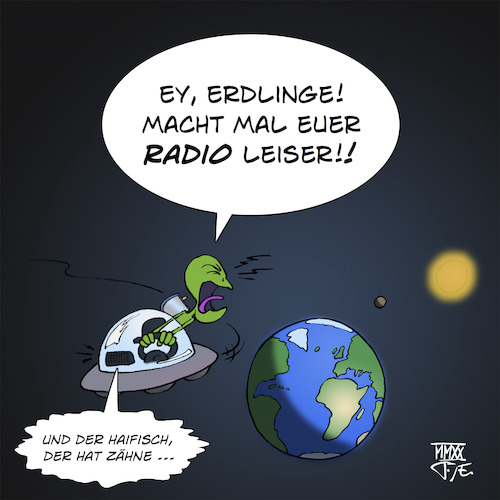 Cartoon: UFO Aliens Radio (medium) by Timo Essner tagged alien,ufo,radio,erde,außerirdische,ausserirdische,radiowellen,universum,exoplaneten,war,of,the,worlds,pentagon,nasa,extraterrestische,lebensformen,cartoon,timo,essner,alien,ufo,radio,erde,außerirdische,ausserirdische,radiowellen,universum,exoplaneten,war,of,the,worlds,pentagon,nasa,extraterrestische,lebensformen,cartoon,timo,essner