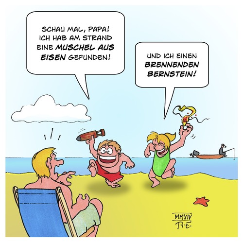 Cartoon: Urlaub an der Ostsee (medium) by Timo Essner tagged meer,strand,munition,phosphor,bernstein,urlaub,meer,strand,munition,phosphor,bernstein,urlaub,fundstücke,kinder,vater,familie,sommer,explosiv,gefährlich