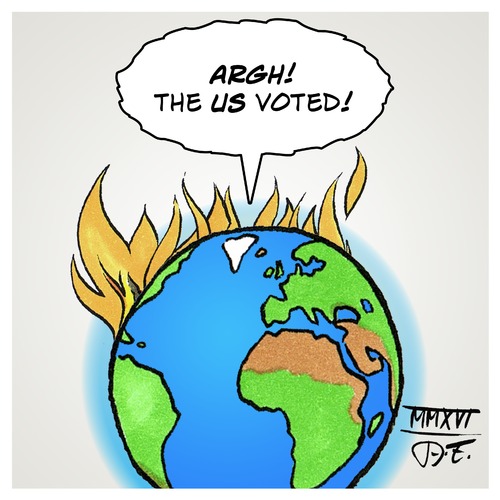 Cartoon: US have voted (medium) by Timo Essner tagged us,usa,elections,election,day,vote,donald,trump,drumpf,hillary,rodham,clinton,world,earth,on,fire,cartoon,timo,essner,us,usa,elections,election,day,vote,donald,trump,drumpf,hillary,rodham,clinton,world,earth,on,fire,cartoon,timo,essner