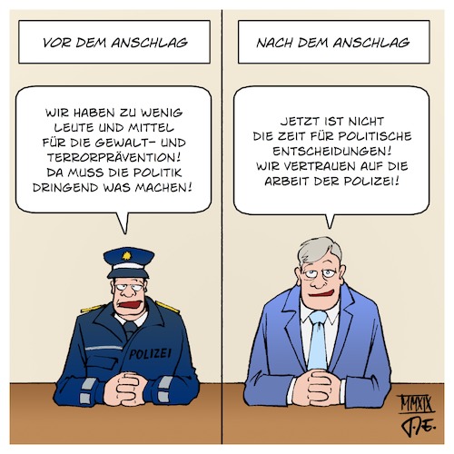 Cartoon: Vor bzw. nach dem Anschlag (medium) by Timo Essner tagged deutschland,anschlag,anschläge,straftaten,kriminalität,terrorismus,rechtsterrorismus,rechter,terror,mord,mordfälle,nsu,walter,lübcke,asylpolitik,einwanderung,verfassungsschutz,ermittlungsbehörden,polizei,prävention,beförderung,ausstattung,beamte,ermittler,politik,innenminister,deutschland,anschlag,anschläge,straftaten,kriminalität,terrorismus,rechtsterrorismus,rechter,terror,mord,mordfälle,nsu,walter,lübcke,asylpolitik,einwanderung,verfassungsschutz,ermittlungsbehörden,polizei,prävention,beförderung,ausstattung,beamte,ermittler,politik,innenminister