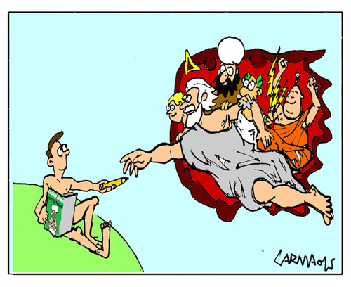 Cartoon: Gods and Pencils (medium) by Carma tagged creation,religion,charlie,hebdo,cartoonist,gods,mahomet,buddha,zeus,heaven,adam,cartoon,carma