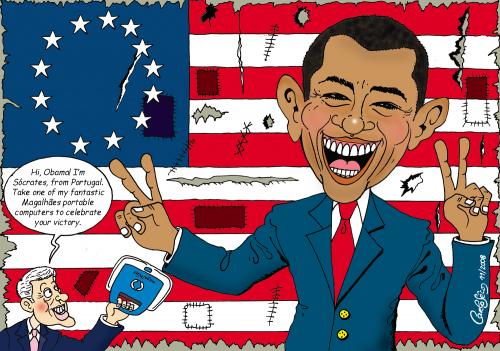 Cartoon: A gift from Portugal for Obama (medium) by carloseco tagged obama,socrates,portugal