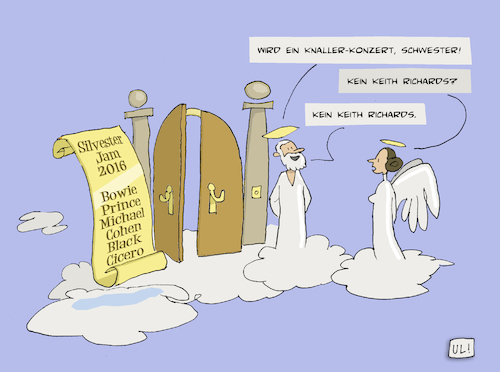 Cartoon: Carrie in heaven - Silvester Jam (medium) by Uliwood tagged carrie,fisher,schauspielerin,star,wars,leia,prominente,musik,2016,musiker,trauer,silvester,rückblick,david,bowie,prince,leonard,cohen,george,michael,black,roger,cicero,himmel,himmelspforte,petrus