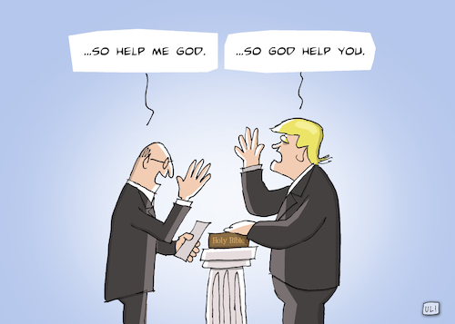 Cartoon: Inauguration (medium) by Uliwood tagged inauguration,donald,trump,amtseid,usa,politik,schwur,vereinigte,staaten,20,januar,2017,improvisation,bibel,bekenntnis,gott