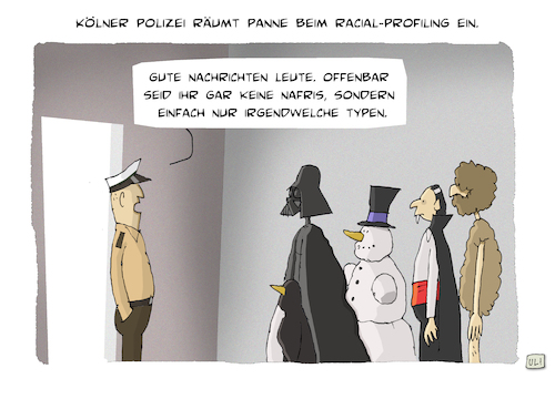 Cartoon: Panne (medium) by Uliwood tagged köln,polizei,silvester,2016,nafri,sicherheit,schutz,politik,terror,racial,profiling,darth,vader,schneemann,vampir,pinguin,irrtum,fehler,panne,haft,gefährder,hauptbahnhof,sylvester,sylvesternacht