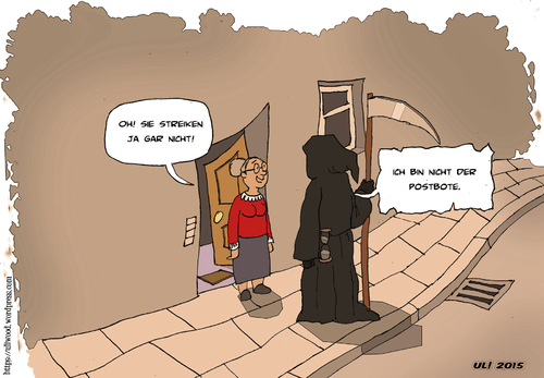 Cartoon: Poststreik (medium) by Uliwood tagged poststreik,streik,tod,gesellschaft,missverständnis,schwarzer,humor,abholen,sensemann,aktuell,death
