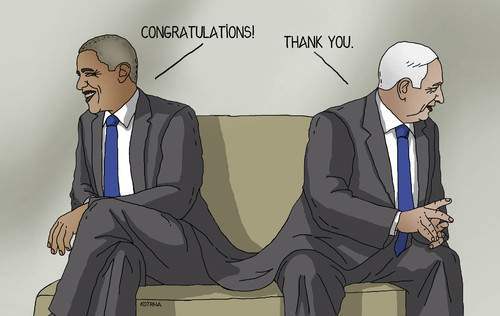 Cartoon: congratulations (medium) by Lubomir Kotrha tagged palestina,world,obama,usa,likud,netanyahu,israel,elections