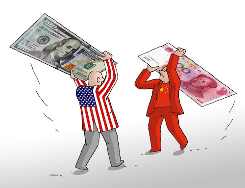 Cartoon: dollarjuan19 (medium) by Lubomir Kotrha tagged dollar,yuan,usa,china,currency,war
